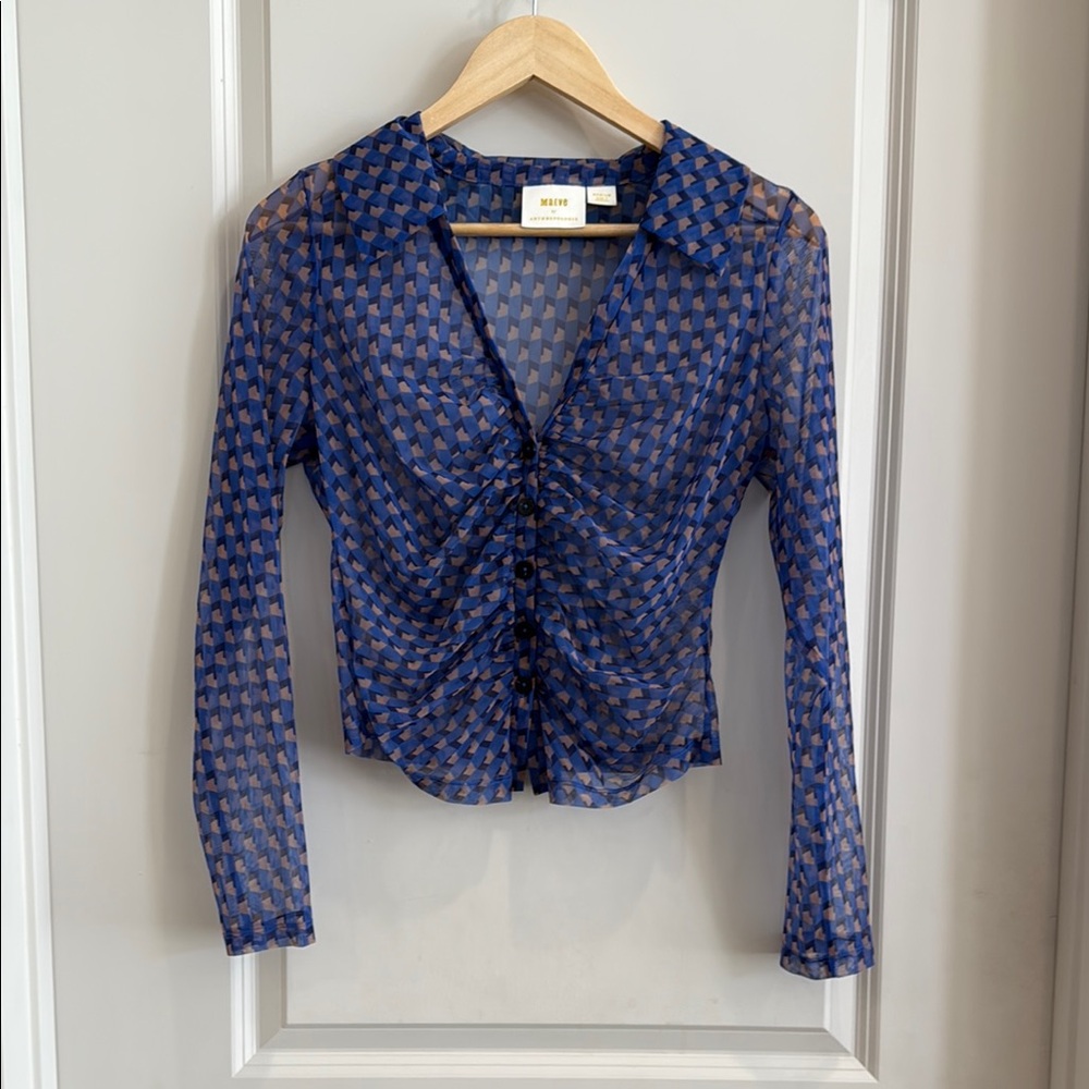 Maeve Sheer Blue and Brown Geometric Ruched Blouse